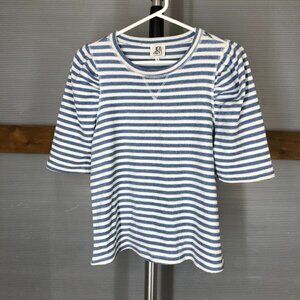 Anthropologie DRA Blue‎ White Stripe Terry Short Sleeve Puff Sleeves Sz S